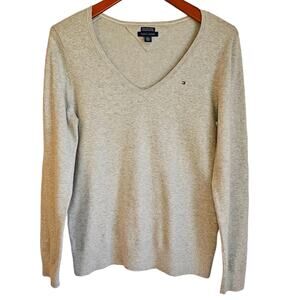 Tommy Hilfiger Grey Pima V-Neck Preppy Heritage Logo Pullover Sweater Size Lg